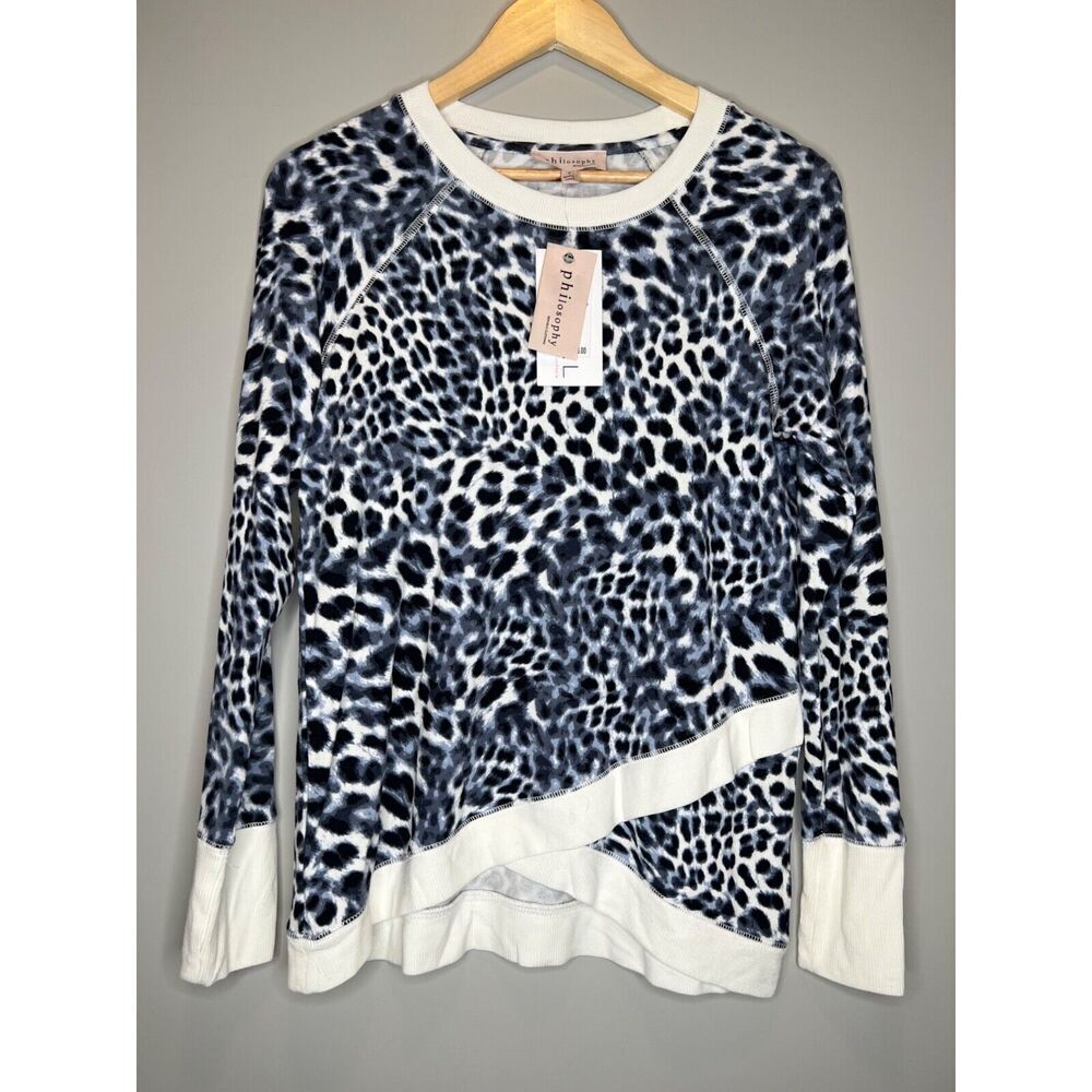 philosophy sweater cheetah leopard white blue pullover sweatshirt size SMALL